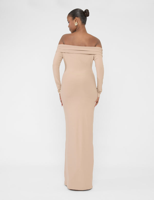 Public Desire Bardot Luxe Slinky Maxi Dress Latte