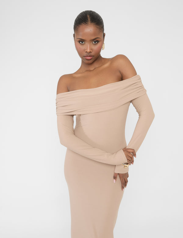 Public Desire Bardot Luxe Slinky Maxi Dress Latte