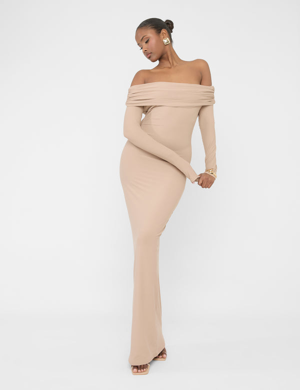 Public Desire Bardot Luxe Slinky Maxi Dress Latte