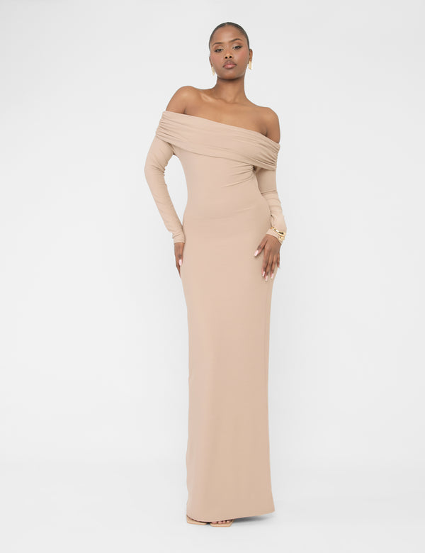 public desire Bardot Luxe Slinky Maxi Dress Latte