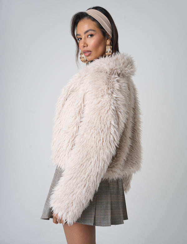 Public Desire Cropped Shaggy Faux Fur Jacket Beige