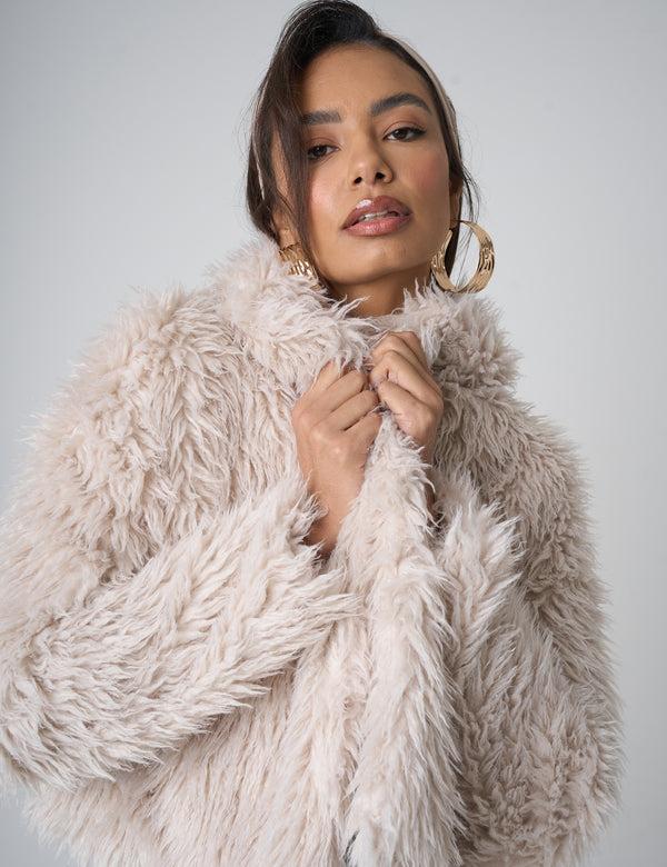 Public Desire Cropped Shaggy Faux Fur Jacket Beige