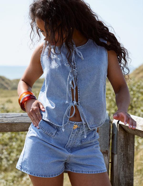 Public Desire Denim Front Tie Waistcoat Blue