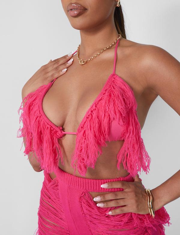 Public Desire Fringe Triangle Top Hot Pink