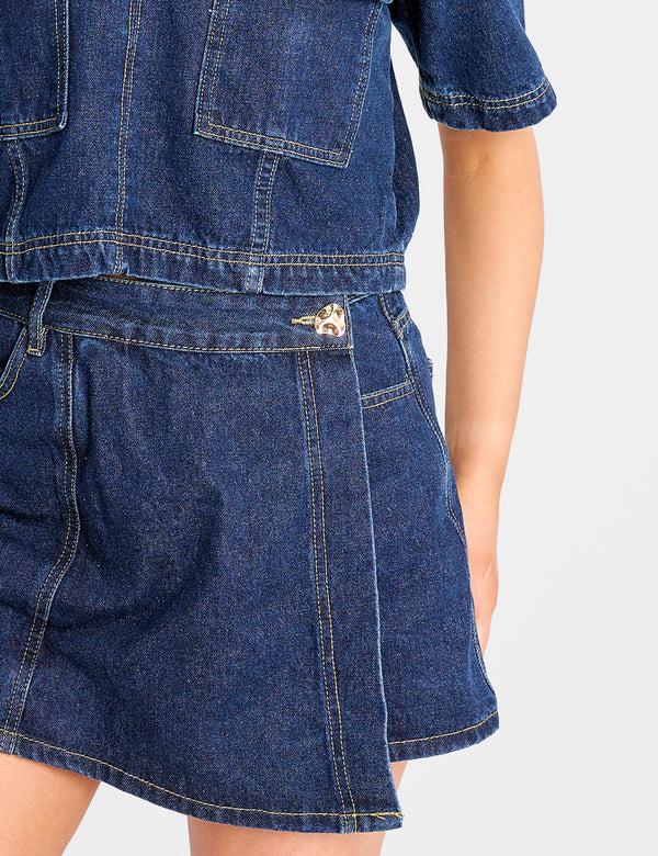 Public Desire Front Wrap Denim Skort Dark Blue