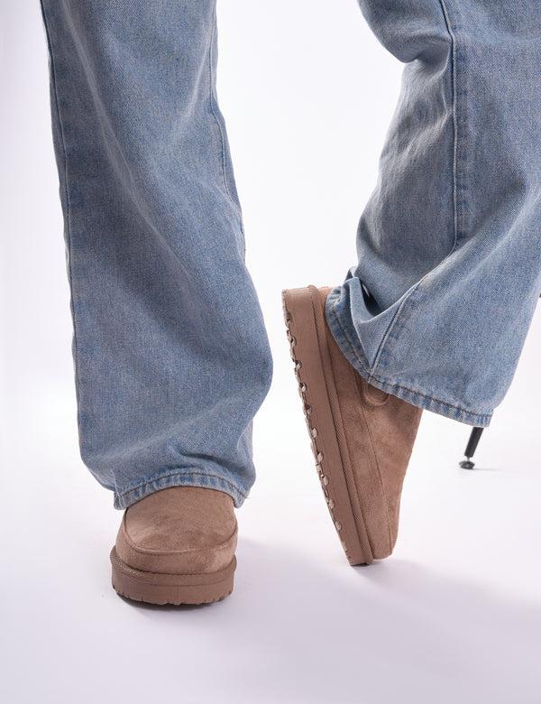 Public Desire Goldie Beige Faux Fur Lined Mules