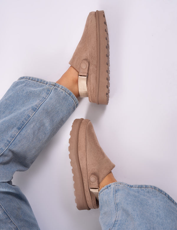 Public Desire Goldie Beige Faux Fur Lined Mules