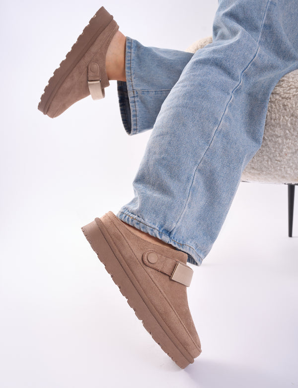 Public Desire Goldie Beige Faux Fur Lined Mules