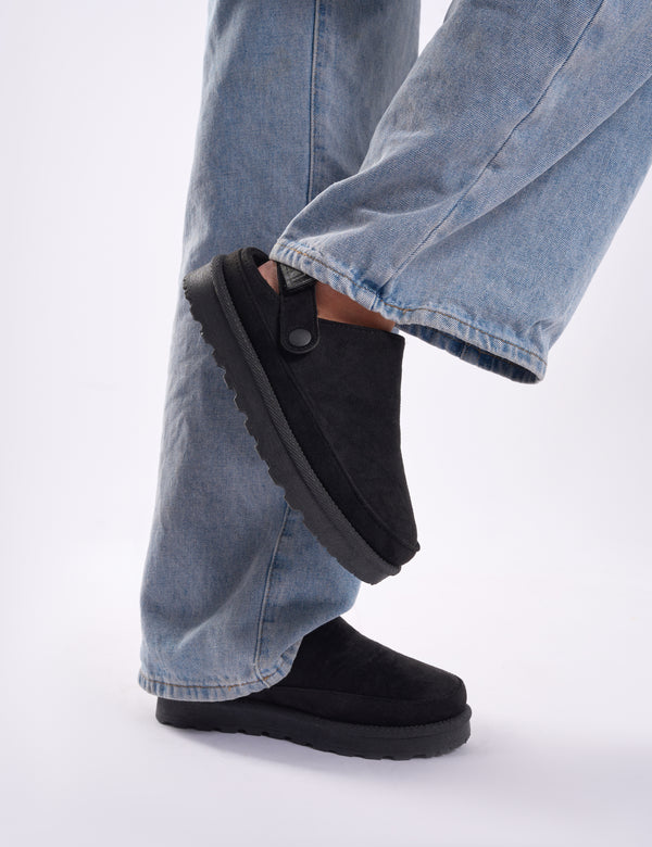 Public Desire Goldie Black Faux Fur Lined Mules