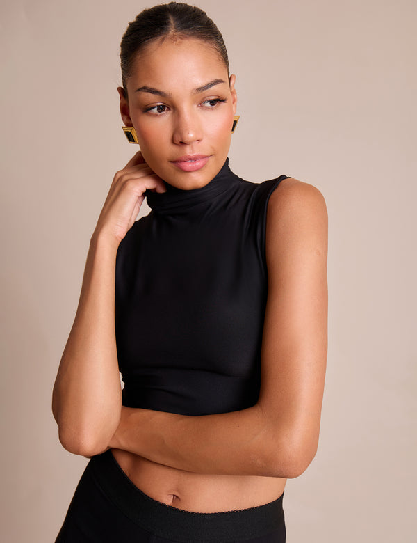 Public Desire High Neck Luxe Slinky Crop Top Black