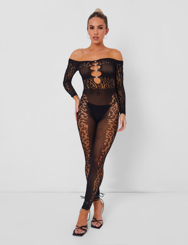 public desire Mesh Lace Panel Unitard Black