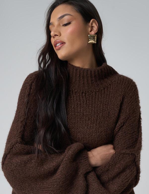 Public Desire Oversized Funnel Neck Jumper Brown