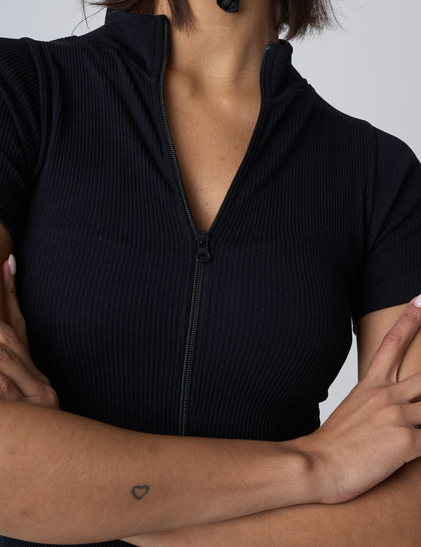 Public Desire Ribbed Zip Up Unitard Black