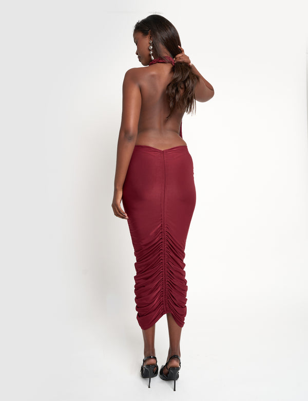 Public Desire Ruffle Plunge Maxi Dress Burgundy