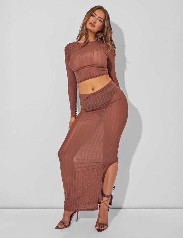 Public Desire Sheer Long Sleeve Top Co Ord Brown