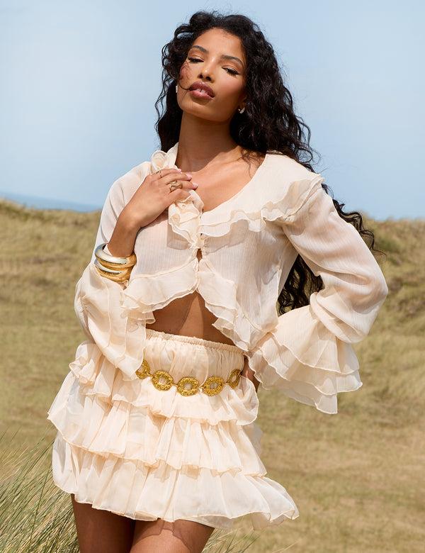 Public Desire Sheer Ruffle Tiered Mini Skirt Stone