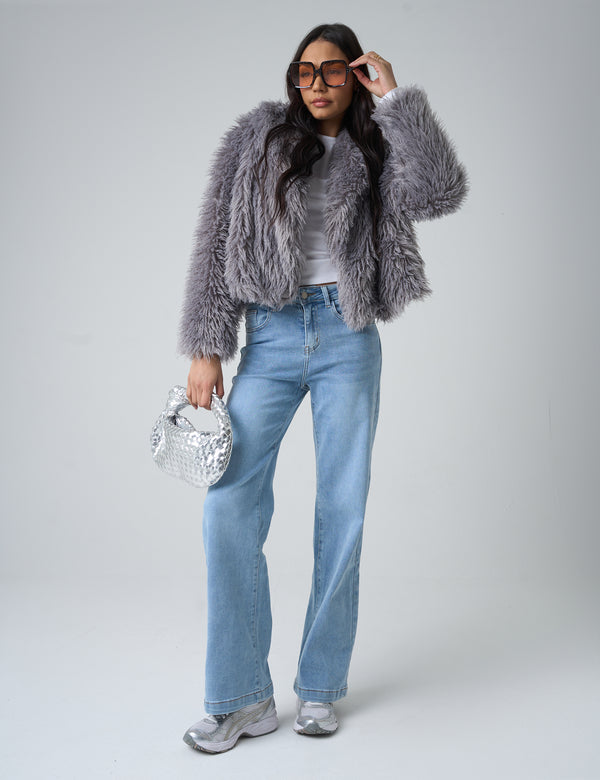 Public Desire Short Shaggy Faux Fur Jacket Grey