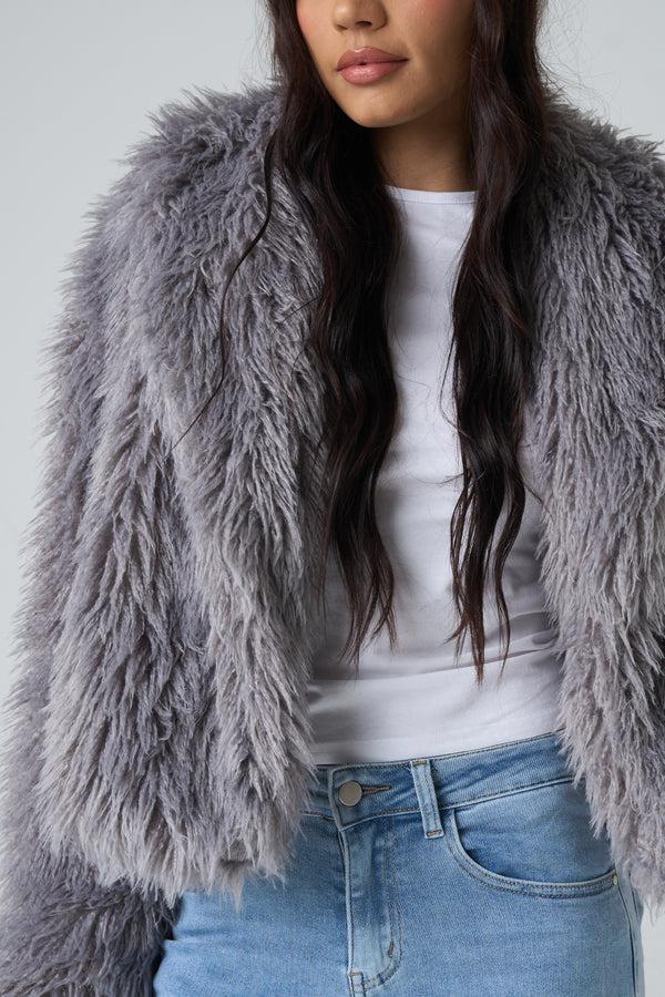 Public Desire Short Shaggy Faux Fur Jacket Grey