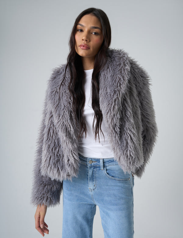 public desire Short Shaggy Faux Fur Jacket Grey