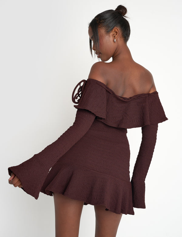 Public Desire Textured Bardot Mini Dress Chocolate