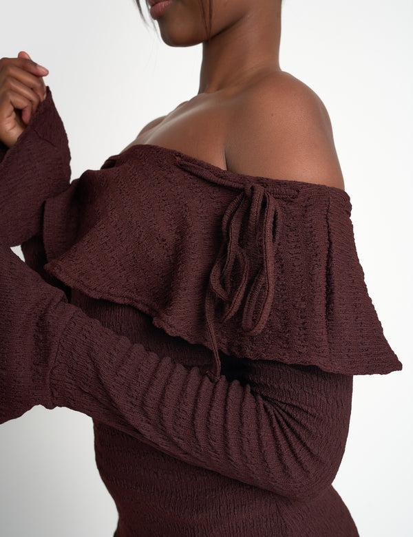 Public Desire Textured Bardot Mini Dress Chocolate