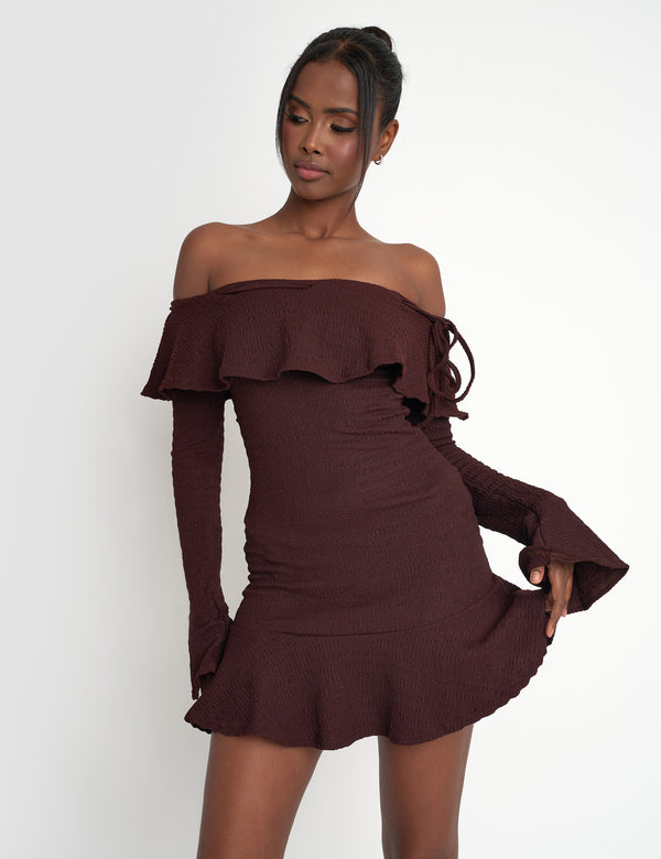 public desire Textured Bardot Mini Dress Chocolate