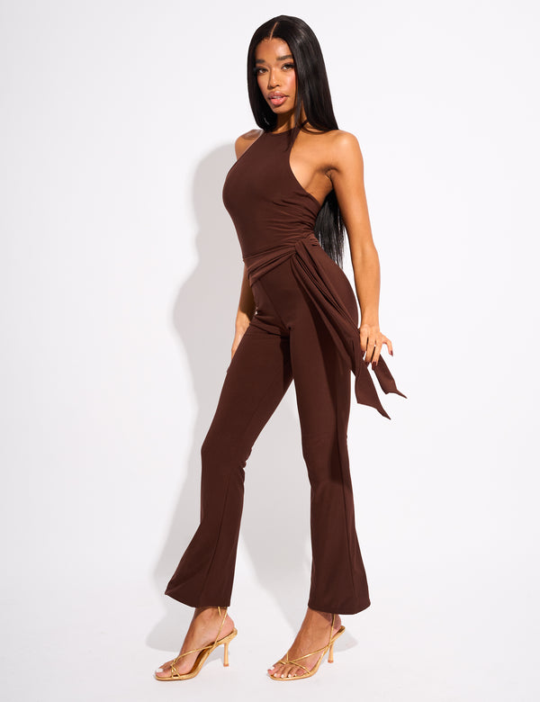 Public Desire Tie Back Belted Jumpsuit Chocolate