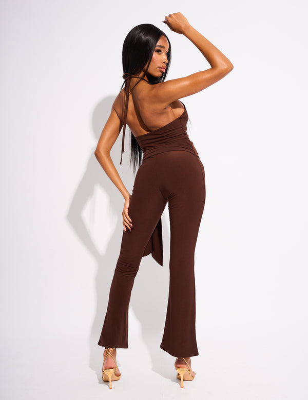 Public Desire Tie Back Belted Jumpsuit Chocolate