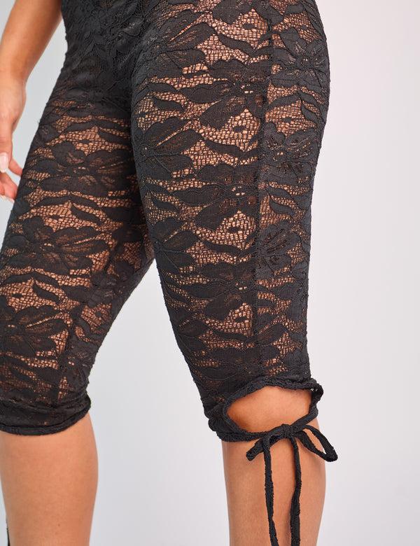 Public Desire Tie Detail Lace Capri Leggings Black