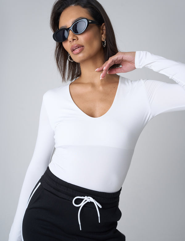 Public Desire V Neck Long Sleeve Bodysuit White