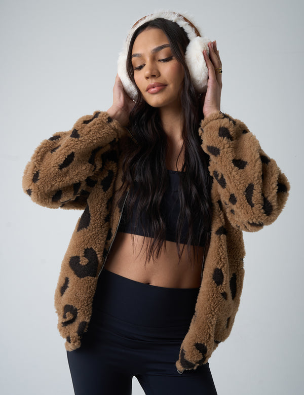 Public Desire Zip Up Fleece Jacket Leopard