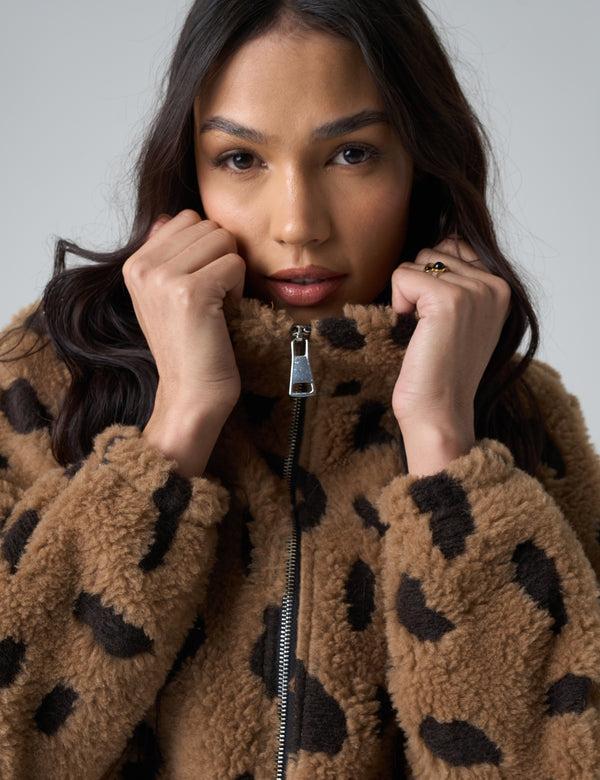 Public Desire Zip Up Fleece Jacket Leopard