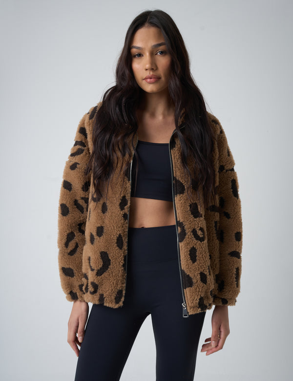 Public Desire Zip Up Fleece Jacket Leopard