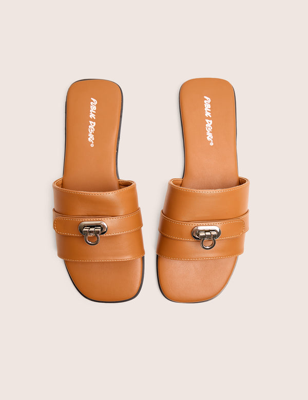 Public Desire Radiance Brown Buckle Trim Flat Sandals