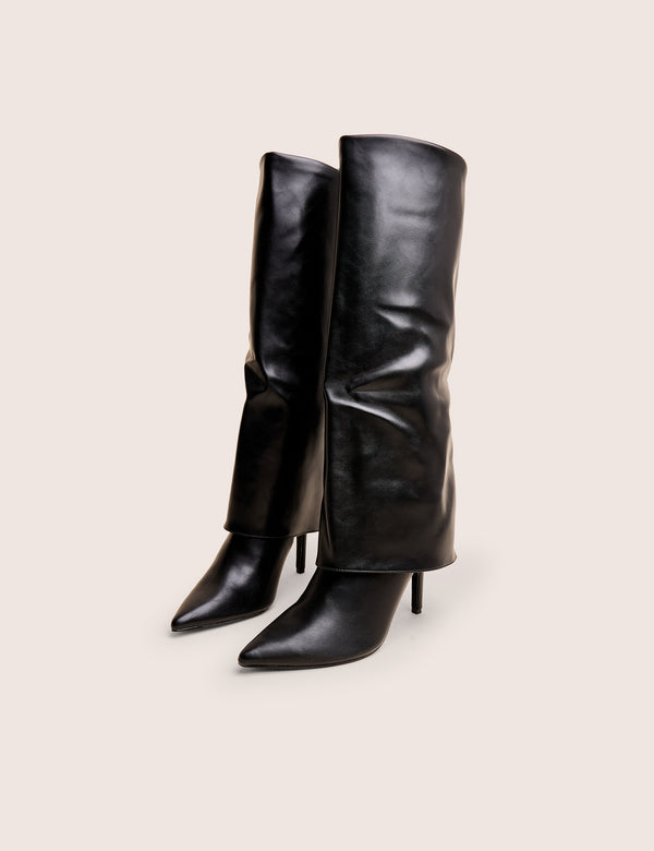 public Desire Ralph Black Fold Over Pu Knee High Stiletto Boots
