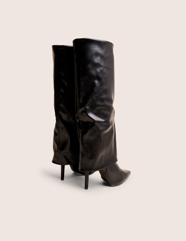 public Desire Ralph Black Fold Over Pu Knee High Stiletto Boots