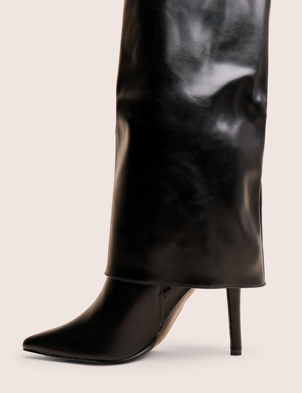 public Desire Ralph Black Fold Over Pu Knee High Stiletto Boots