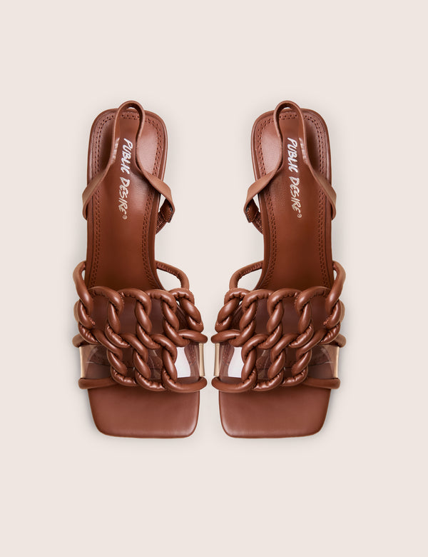 Public Desire Rayne Chocolate Knotted Upper Slingback Square Toe Heels