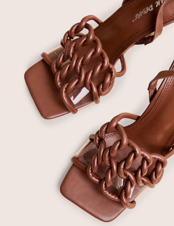 Public Desire Rayne Chocolate Knotted Upper Slingback Square Toe Heels