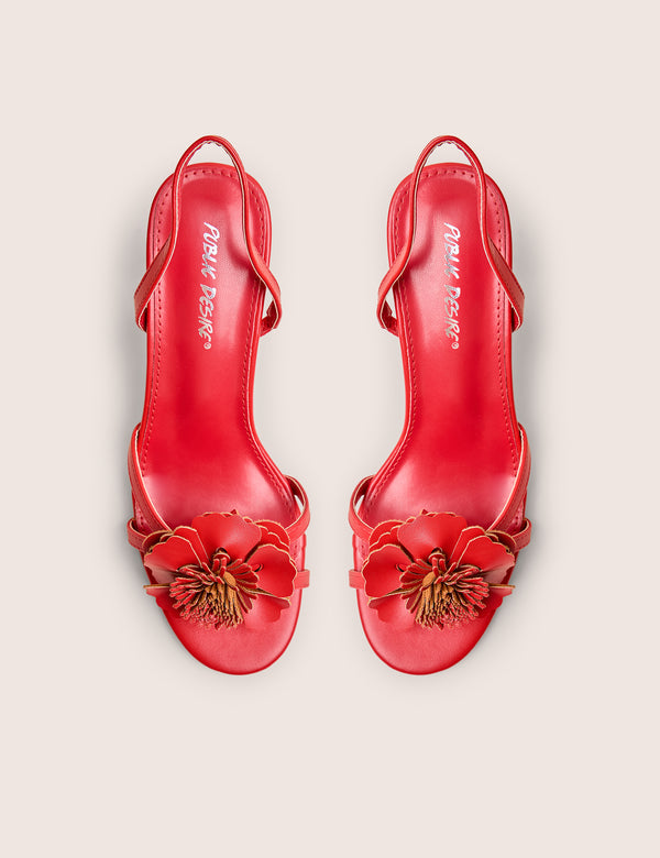 Public Desire Red Hot Red Pu 3d Flower Sling Back Mid Heels