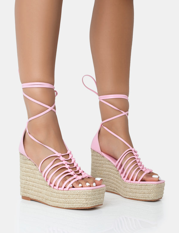 public desire Reece Baby Pink PU Knot Strap Lace Up Raffia Wedge Heels