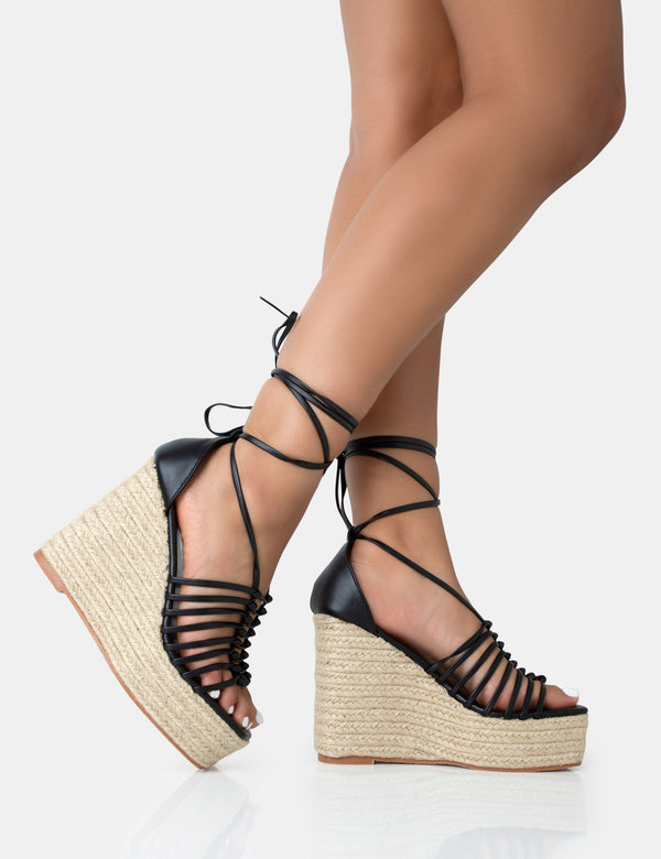 Public Desire Reece Black PU Knot Strap Lace Up Raffia Wedge Heels