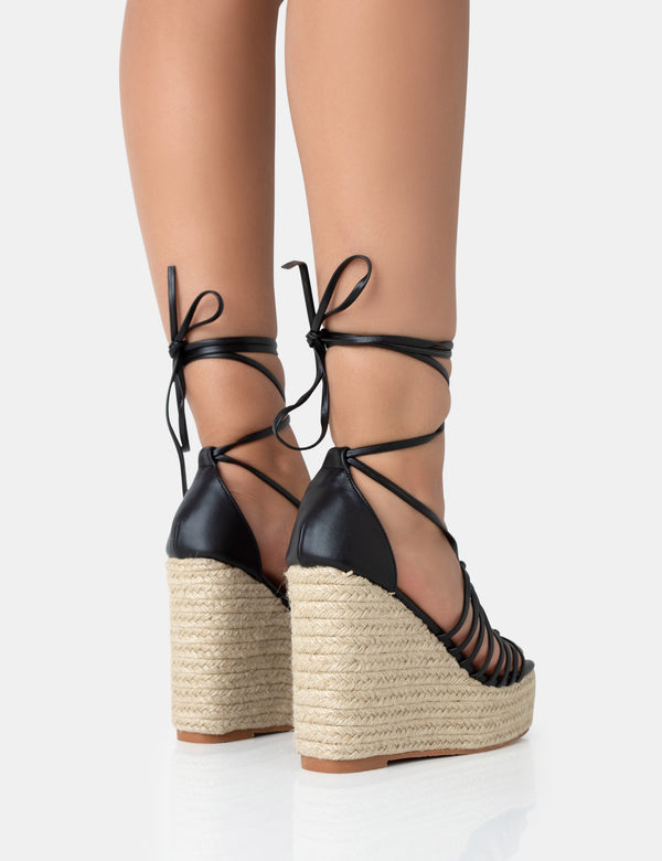 Public Desire Reece Black PU Knot Strap Lace Up Raffia Wedge Heels