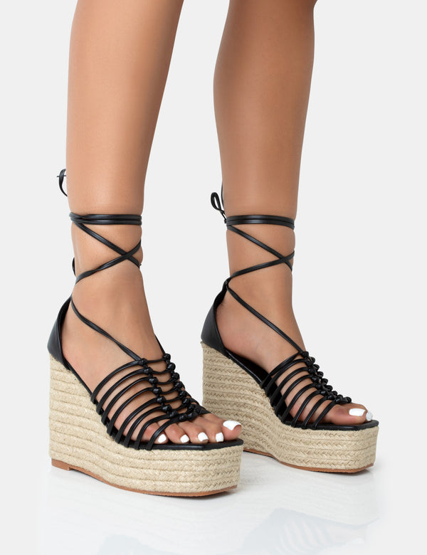 public desire Reece Black PU Knot Strap Lace Up Raffia Wedge Heels