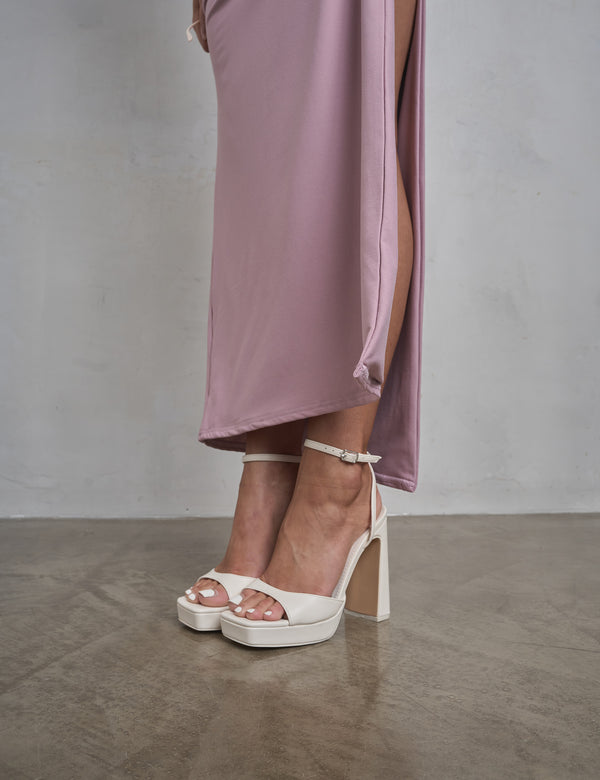 public desire Resist Cream Pu Peep Toe Barley There Platform Heels