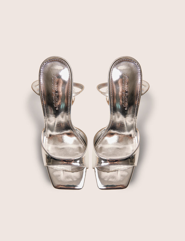 Public Desire Resist Silver Mirror Peep Toe Barely There Platform Heels