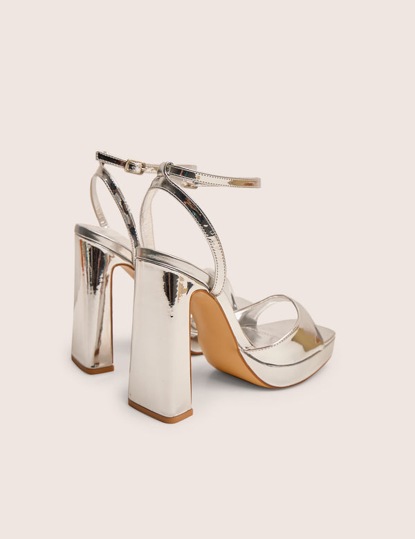 Public Desire Resist Silver Mirror Peep Toe Barely There Platform Heels