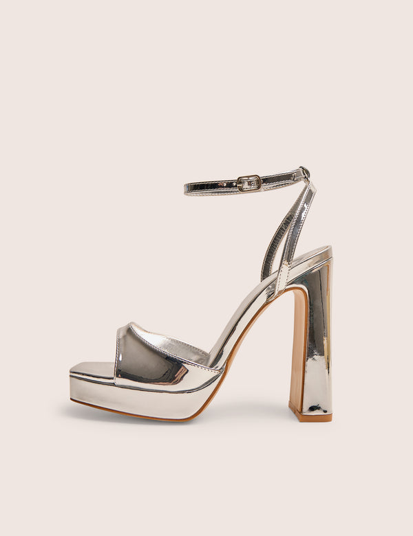 public desire Resist Silver Mirror Peep Toe Barely There Platform Heels