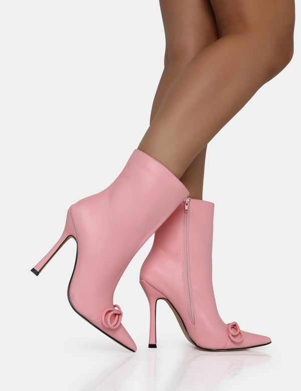 Public Desire Rhia Pink Pu Bow Pointed Toe Stiletto Ankle Boots
