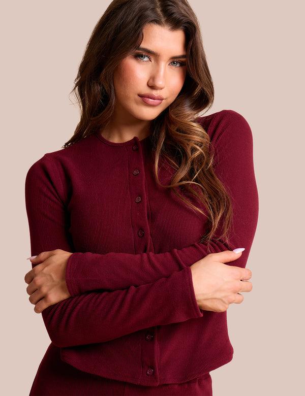 Public Desire Rib Button Through Long Sleeve Top Burgundy